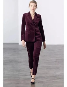 Zara Limited Edition Velvet Burgundy Fitted Blazer & Trousers Co Ord Set Size M - Picture 1 of 9