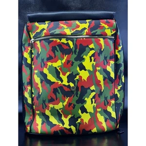 Colorful Camo Flap Backpack - Front Zipper Pocket, Faux Leather, Multicolor - Picture 1 of 8