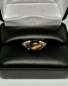14k 14kt Yellow Gold Natural Tiger’s Eye Solitaire Ladies Ring Size 6.5 - Picture 1 of 14