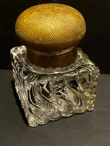 Antique 19th Century Lead Crystal Swirled Ink Well Bronze Hinged Lid - Picture 1 of 12