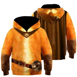 Kids Puss in Boots Cosplay Hoodie Printed Sweatshirt Casual Streetwear Pullover - Picture 1 of 5