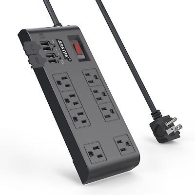 BESTEK 8-Outlet Surge Protector Power Strip With 4 USB Charging Ports And 6-Foot • 25.99$