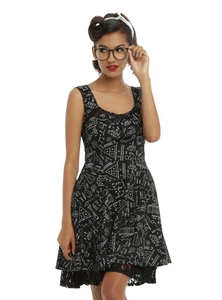 Hot Topic Fit & Flare Kleid Med. Schwarz Wissenschaft Chemie Druck Schnürung hinten - Bild 1 von 14