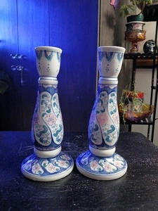 Vintage Painted Floral Ceramic Candlestick Holders Set Of 2 9" Tall Stunning - Picture 1 of 7