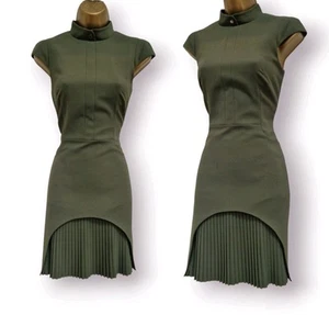 Karen Millen Khaki Green High Neck Military Pleated A-Line Dress UK 10 - Picture 1 of 13
