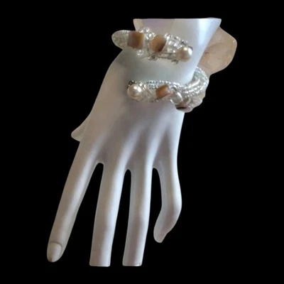 Vintage Mother Of Pearl Glass Seed Bead Wrap Cuff Bracelet Memory Wire 7" - Image 1 of 4