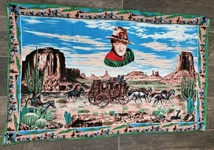 Vintage flannel John Wayne Tapestry horse, stagecoach western scene,32.5" X 51" - Picture 1 of 15
