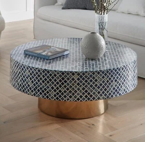Handmade luxury Bone inlay targua pattern, brass metal base wooden round table - Picture 1 of 7