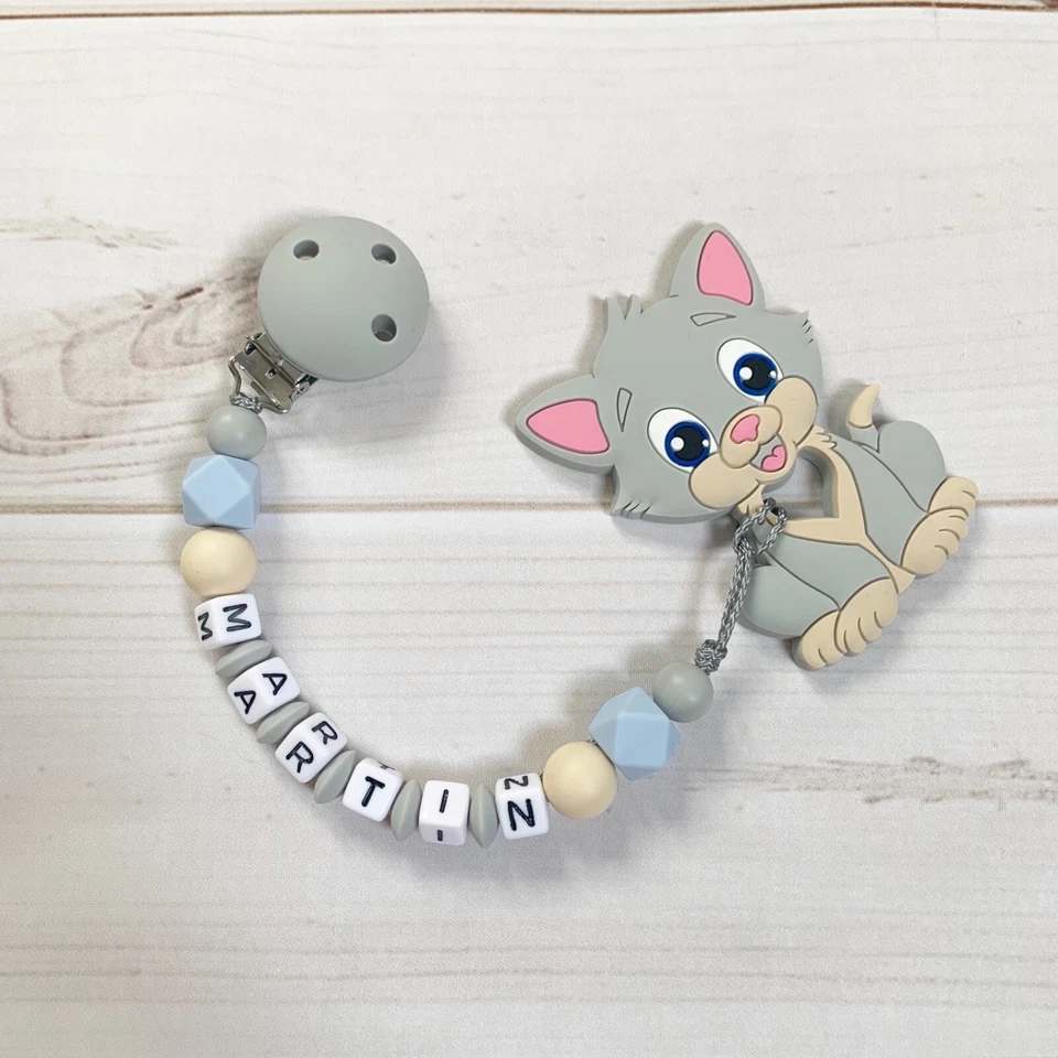 Schnullerkette Nuckelkette Beißkette mit Namen grau beige hellblau Silikon Katze - Bild 1 von 1