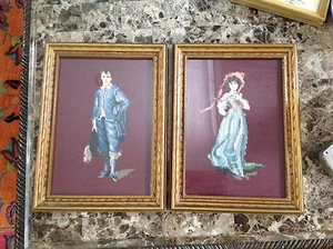 Set Vintage handmade needlepoint Victorian figures Blue Boy and Pinkie Signed - Picture 1 of 7