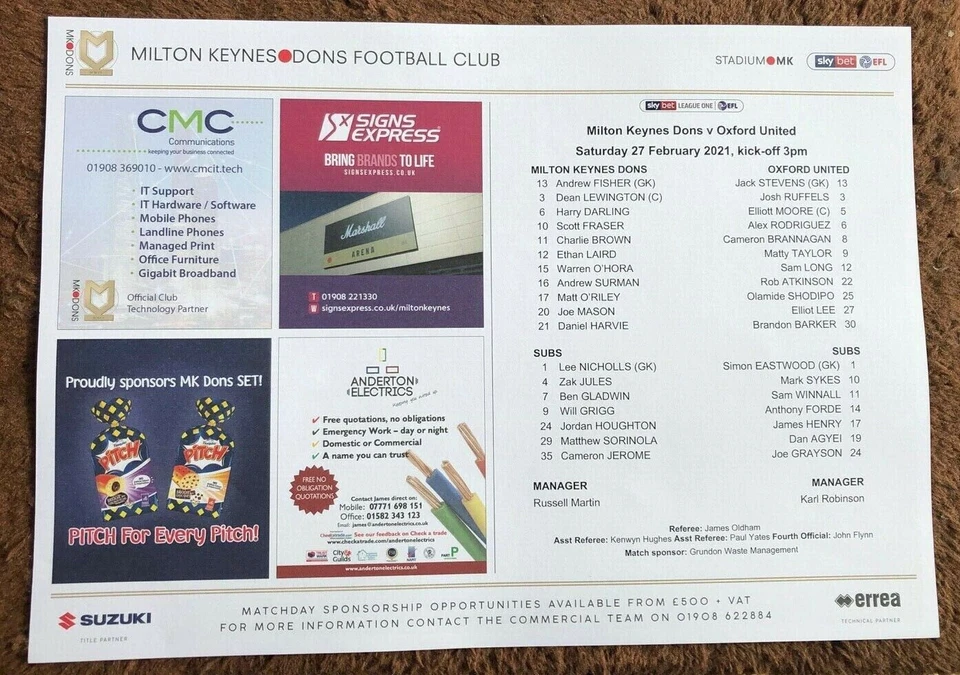M.K. Dons v Oxford United - League 1 - Team Sheet A4 - 2/02/2021 - For Charity - Image 1 of 1