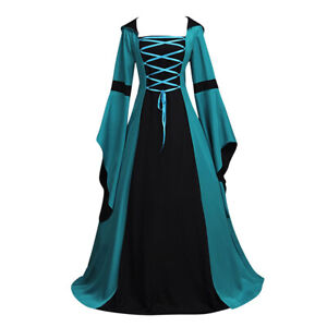 Women's Clothing Gothic Medieval Vintage Long Hooded Dresses Lace Up Solid Dress