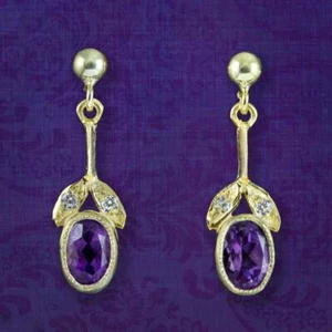 EDWARDIAN STYLE AMETHYST DROP EARRINGS SILVER GOLD GILT - Picture 1 of 4