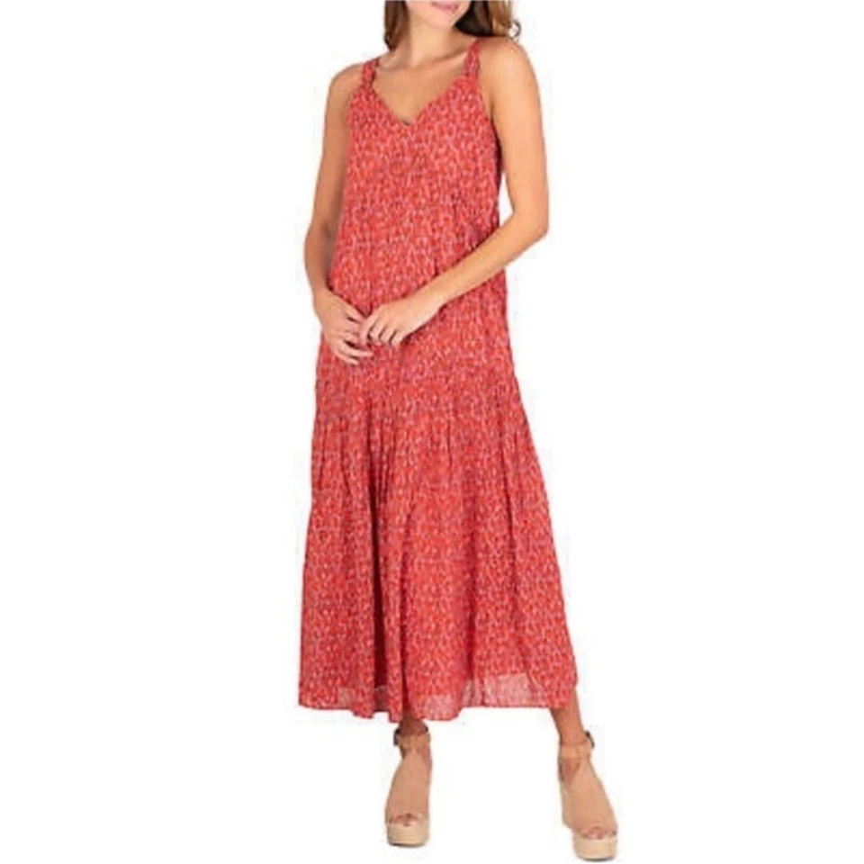 Joie Women's Tiered Maxi Sundress Dorton Tea Rose Size Large Summer V Neck