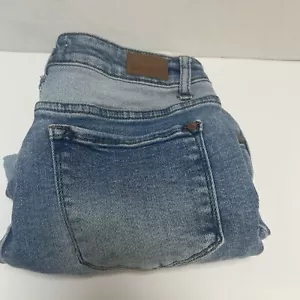 Judy blau zweifarbige Passe hoch geschnitten Bündchen Denim Jeansshorts Größe Large Stil #150143 - Bild 1 von 5