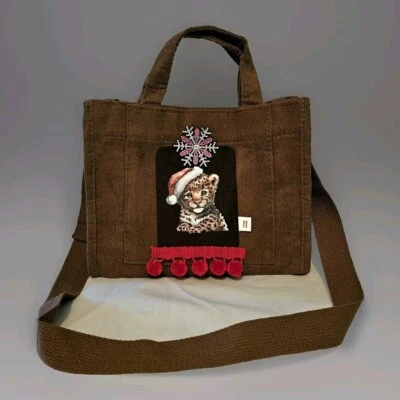 Corduroy Crossbody Tote Bag holiday Leopard Cub Xmas purse Shinny Snowflake  - Image 1 of 4