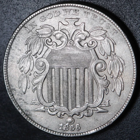 1866 SHIELD NICKEL FIVE CENTS - NEAR AU UNC - With MANY DIE CRACKS! Cover