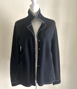 Neiman Marcus 100% Cashmere Black Cardigan Sweater White Top Stitch Size Large - Picture 1 of 7