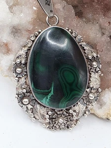Großer massiver Sterling Silber Malachit Anhänger hübsches florales Design 27,5 Gramm - Bild 1 von 16