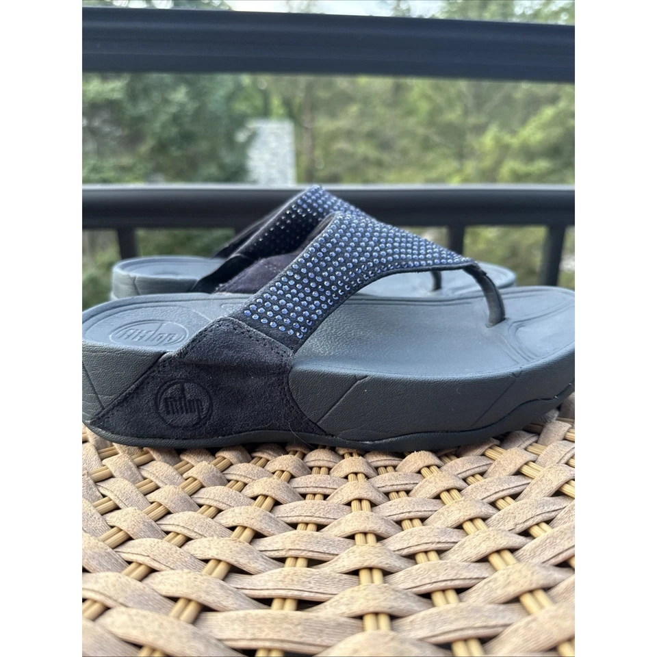 Fitflop Fit Flops Rokkit Leather Black Bling Toe-Post Sandals Slip On Women’s 5 - Image 1 of 4