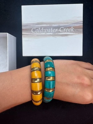 Juego de brazaletes vintage esmaltados - tono dorado amarillo y turquesa Foto 1 de 3