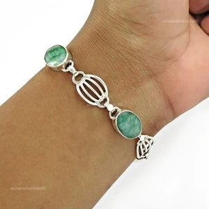 925 Sterling Silver Emerald Gemstone Wedding Chain Elegant Boho Bracelet Jewelry - Picture 1 of 6