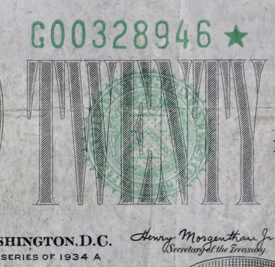 $20 1934A Star Mule Federal Reserve Note G00328946* series A, Chicago, bp283 - Image 1 of 4