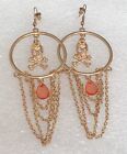 Vintage Gold Tone Skull Hoop Chain Pink Lucite Stone Dangle Pierced Earrings 