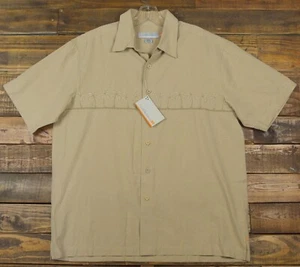 New QUIKSILVER Tribal Palm Embroidered Short Sleeve Beige Shirt Size M - Picture 1 of 6