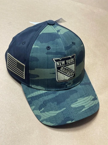 ADIDAS NHL NY Rangers Black & Camo Stretch Fitted Hat S/M w/ American Flag USA Cover