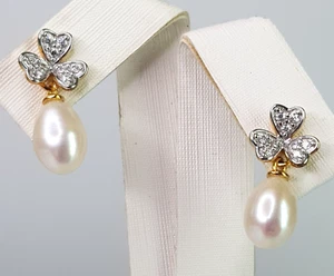 Natural Freshwater Pearl CZ Flower Dangle Earrings Gold Sterling Silver 20mm - Picture 1 of 10