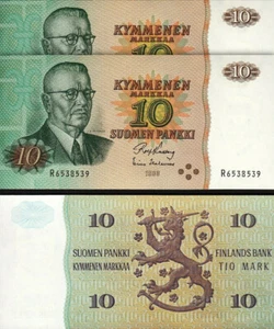 Finland 10 Markkaa 1980, UNC, 2 Pcs PAIR, Consecutive, P-111, Prefix R - Picture 1 of 4