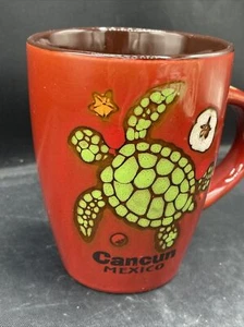 Cancun Mexico Coffee Cup Mug Red Brown Sea Turtle Dollar Starfish Beachy Mexico - Picture 1 of 11