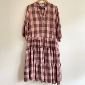 One Two Melbourne Size M/L Pink Check Gingham Tiered Dress Button Front Pockets - Picture 1 of 14