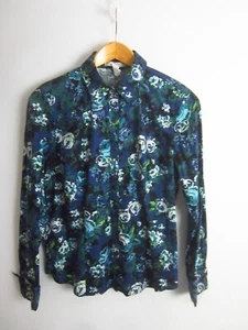 G.H. Bass & Co. Womens L Navy Blue Teal Floral LS Cotton Blend Blouse Shirt - Picture 1 of 8