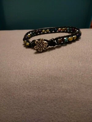 Beaded Leather Wrap Bracelet, Handmade With multi color Crystal Beads - Image 1 of 4