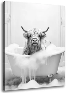 Highland Cow in Bathtub Wall Art for Bathroom, Funny Animal Painting Pictures... - Picture 1 of 7