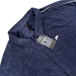 Fabletics Shirt Mens XL Navy Blue Terry Cloth Lightweight Short Sleeve Button Up - Picture 1 of 13