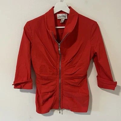 Joseph Ribkoff Vintage Stretch Red Ruched Draped Full Zip Red Jacket Size 10 - Image 1 of 4
