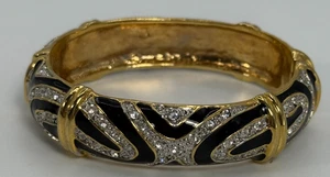 Elegant Gold Tone Clamper Bangle Black Enamel Pave Rhinestones Nice Quality - Picture 1 of 9