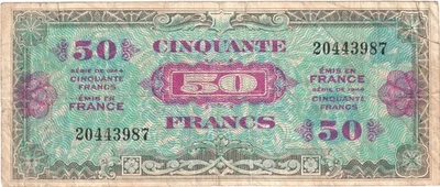 1944 France Allied Military Currency 50 Francs Banknote - P# 117 - Fine # 36209 - image 1 of 2