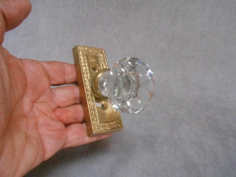 Vintage French CUT GLASS DOOR Handle PULL w/ Back plate Cover
