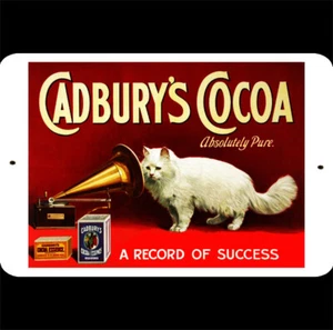 Letrero de metal lata vintage Cat 12x8 Cadburys fonógrafo blanco cacao disco éxito - Imagen 1 de 2
