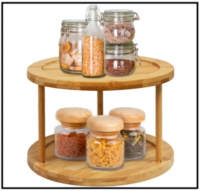 Lazy Susan 2 Tier Bamboo Shelf Turntable Spice Storage Rack Kitchen Organizer** - Image 1 of 3