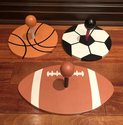 Set of 3 Wooden Solid Sports Peg Wall Hooks Soccer Basketball Football Boys Room - Image 1 of 4