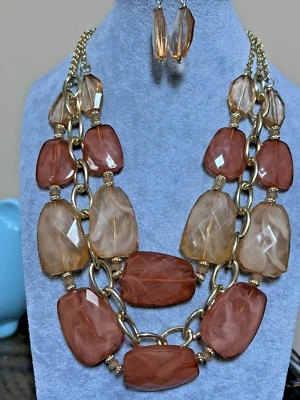 Three Layers Brown Faceted Lucite Bead Gold Tone Link Necklace Earring Set - Image 1 of 3