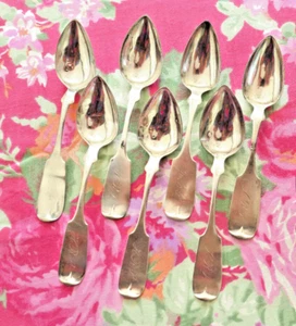 7 Antique Coin Silver Teaspoons! Stone and Ball~NY~C. 1860~110 Grams/Mono~Fiddle - Picture 1 of 18
