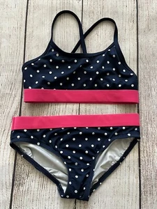 Girls 6 ~ LANDS END 2 Piece Swimsuit ~Bikini Top & Bottom ~ Navy Pink Polka Dot - Picture 1 of 8