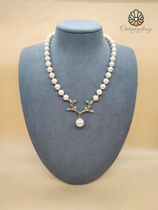 Peach & White Crystal Pearl 8-10mm Necklace Hallmark S925 Silver Chunkyjewelry - Picture 1 of 8