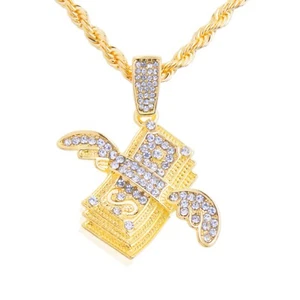 Collar de cadena de cuerda de 24 pulgadas colgante ala de dinero chapado en oro Hip Hop HC 1327 G - Imagen 1 de 3